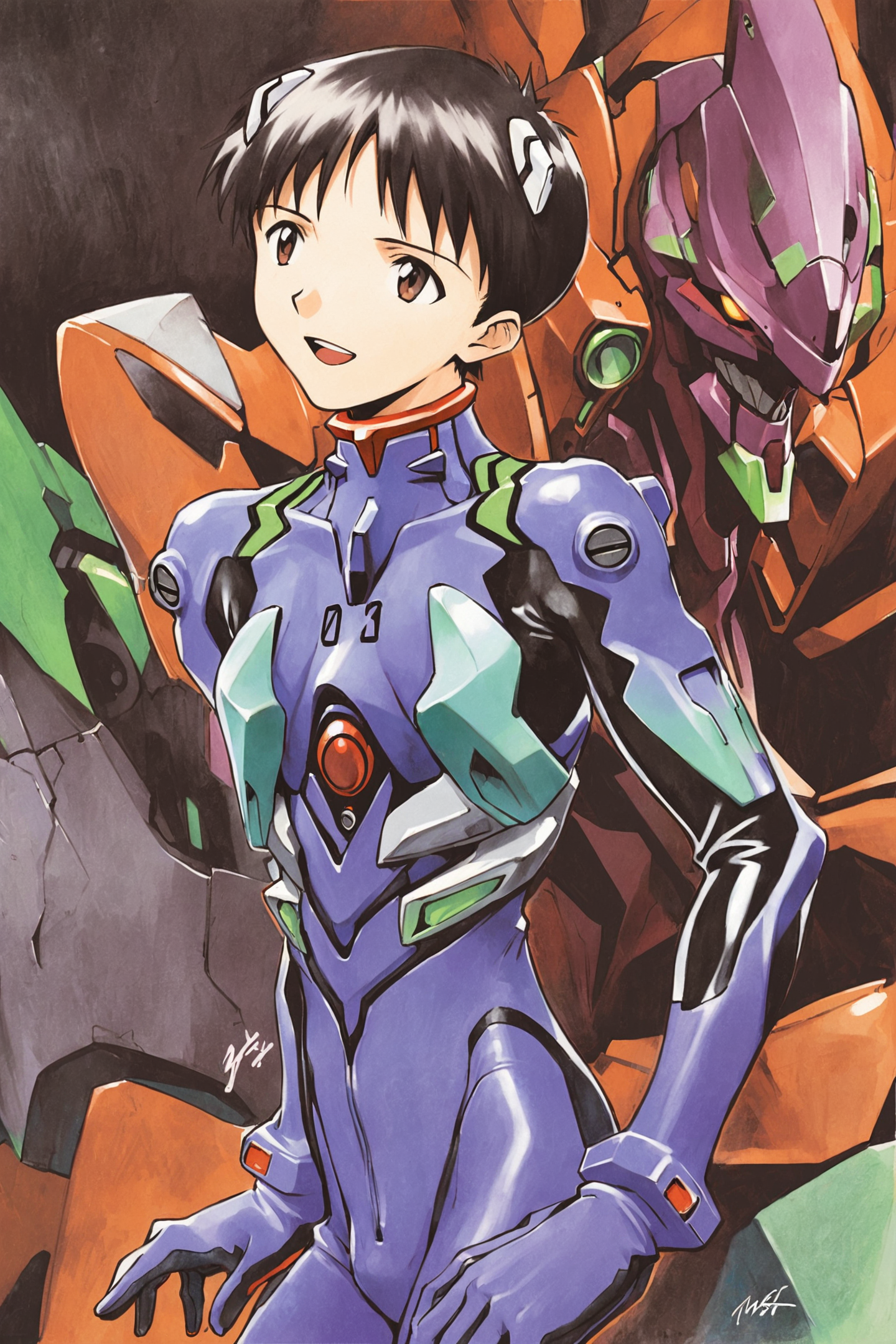 29894-409958034-1boy,solo,ikari shinji,plugsuit,male focus,pilot suit,interface headset,bodysuit,eva 01,mecha,smile,robot,open mouth,upper body,.png